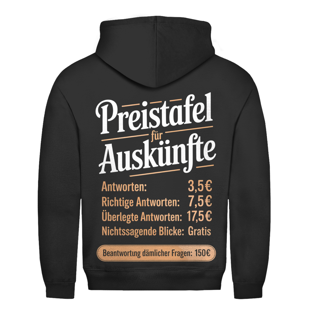 PREISTAFEL FÜR AUSKÜNFTE Rückendruck | Basic Hoodie Unisex