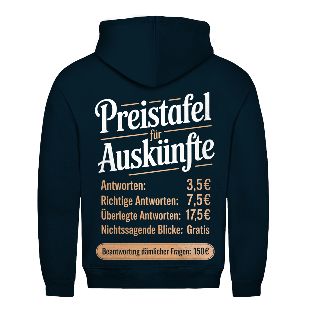 PREISTAFEL FÜR AUSKÜNFTE Rückendruck | Basic Hoodie Unisex