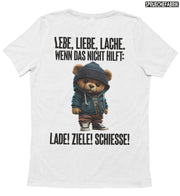 LEBE, LIEBE, LACHE TEDDY Rückendruck T-Shirt