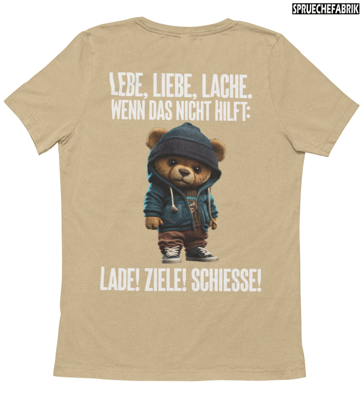 LEBE, LIEBE, LACHE TEDDY Rückendruck T-Shirt