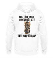 LEBE, LIEBE, LACHE KATZE Rückendruck Hoodie