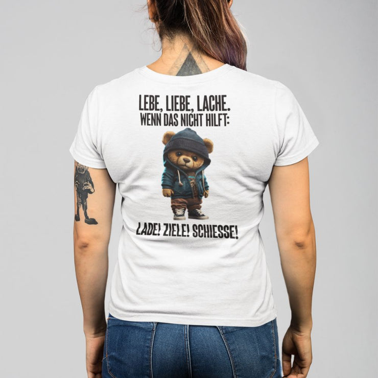 LEBE, LIEBE, LACHE TEDDY Rückendruck | Premium Shirt Unisex